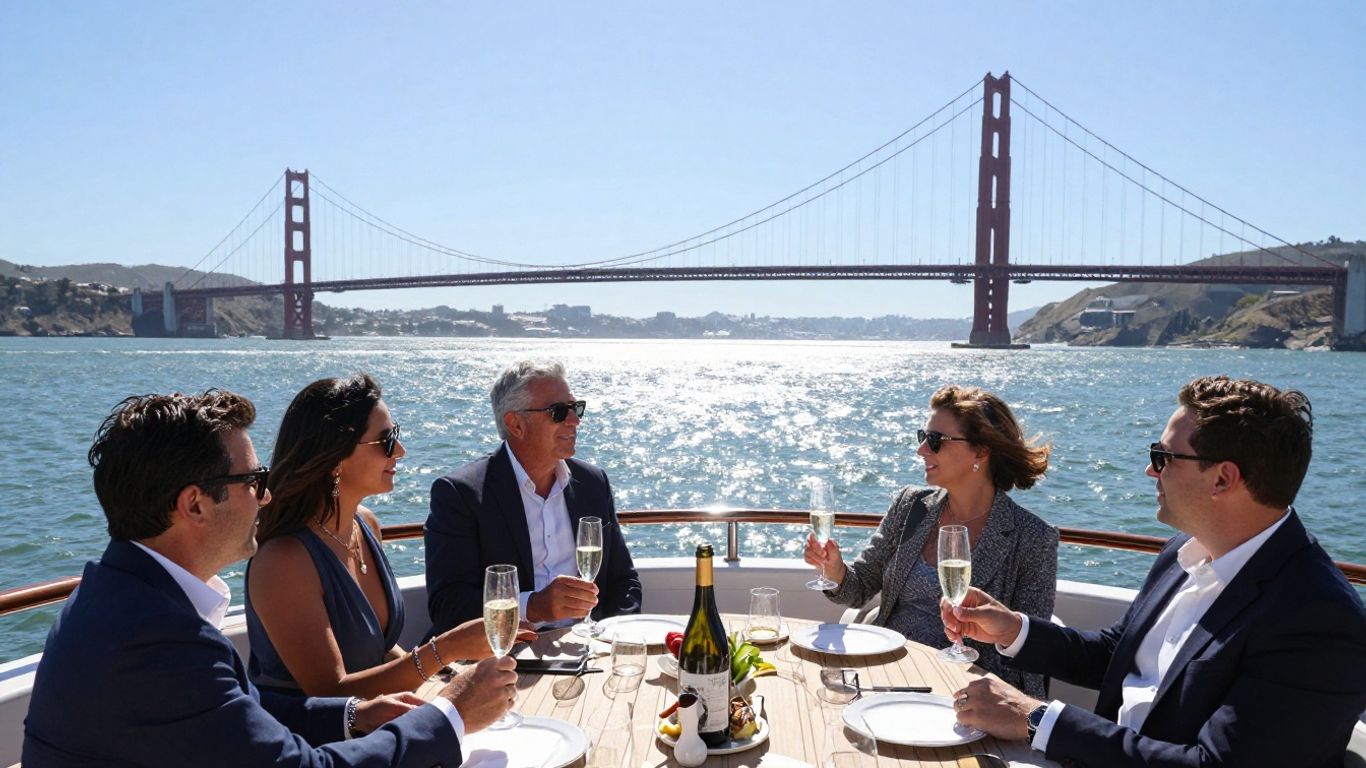 Yacht sailing on San Francisco Bay near Golden Gate Bridge.
