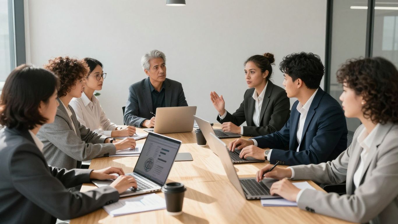 Business people discussing SEO strategies in a modern office.
