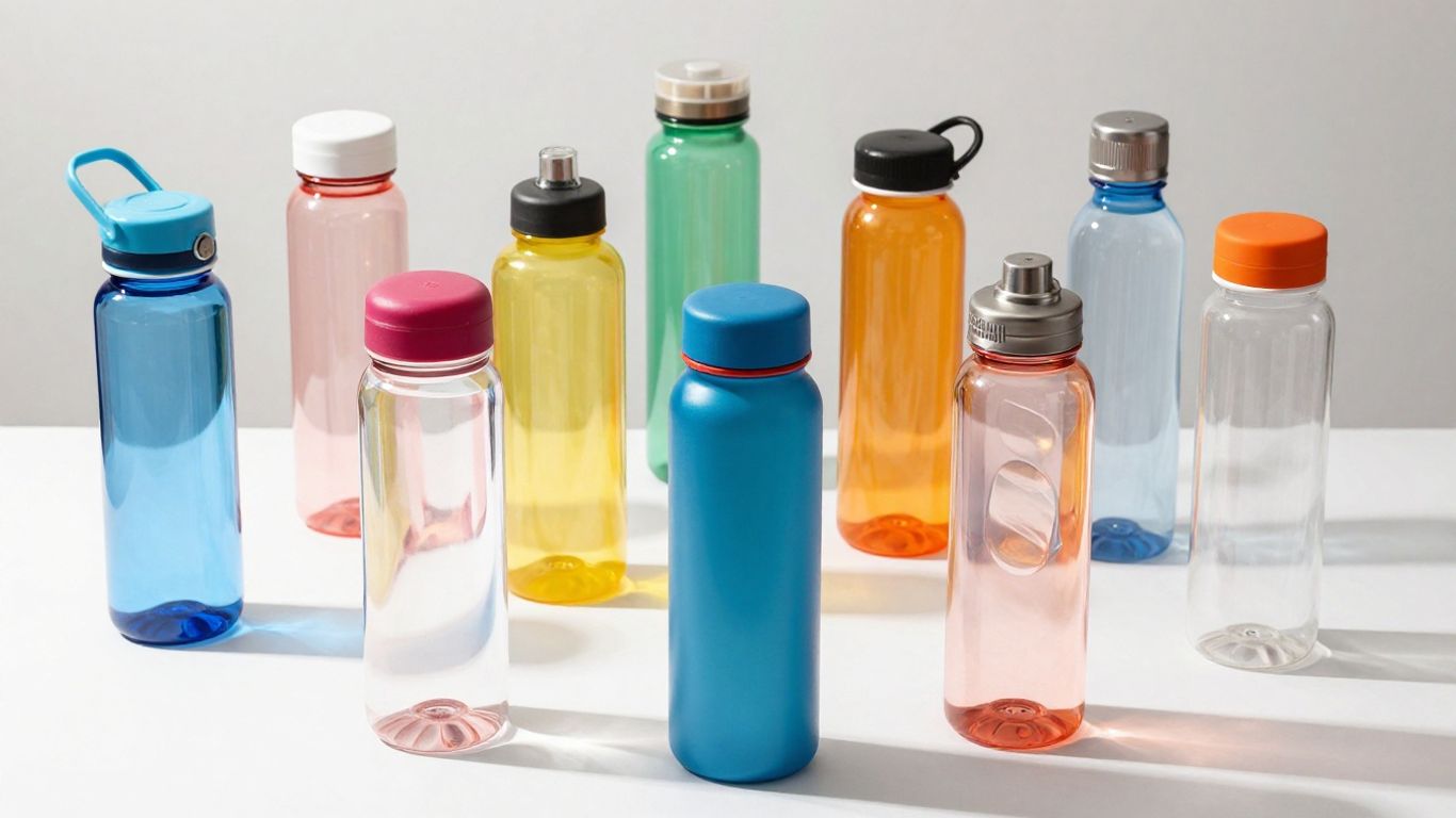 Colorful BPA-free water bottles on a bright surface.