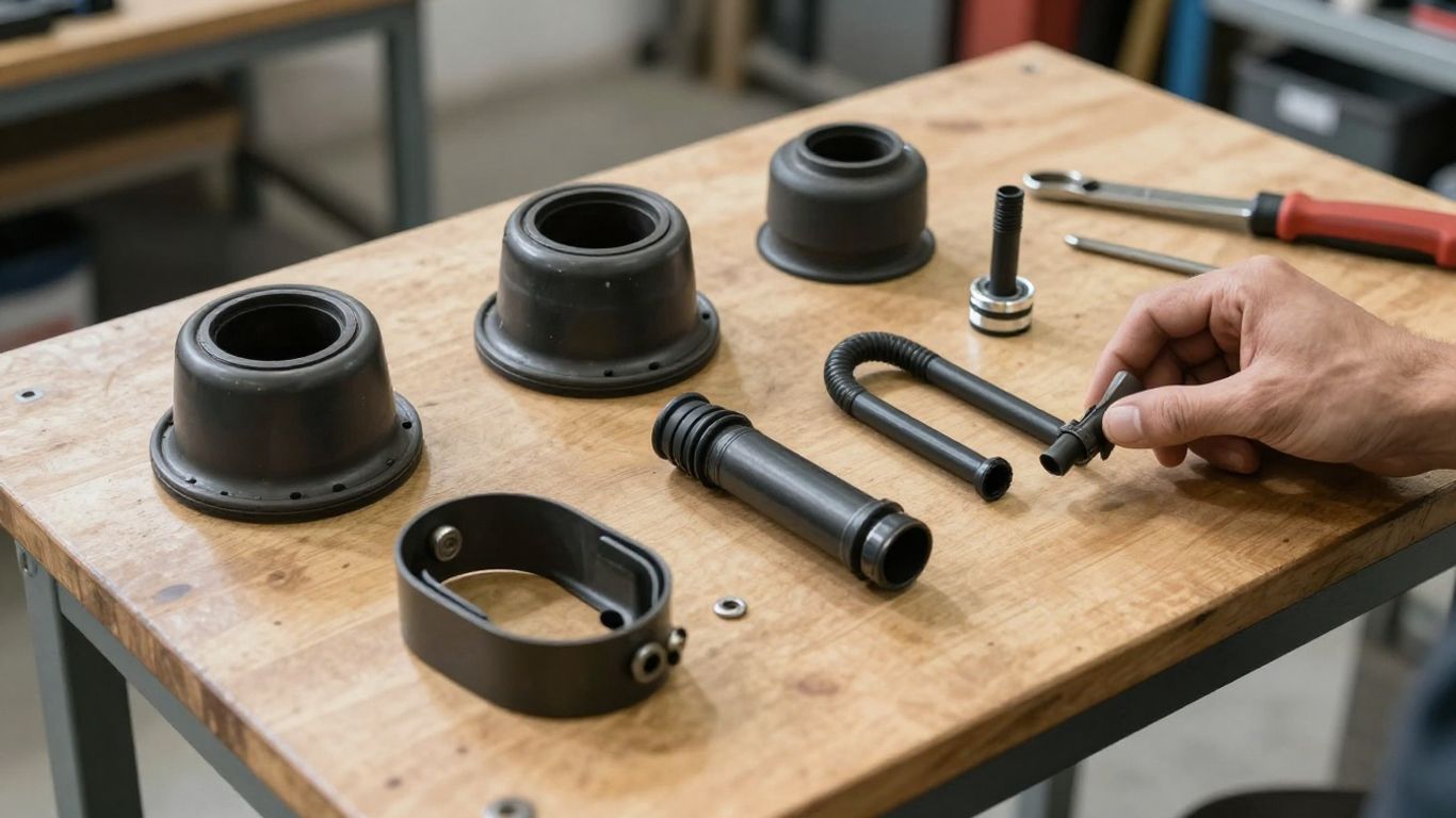 Used automotive CV joints arranged beside inspection tools
