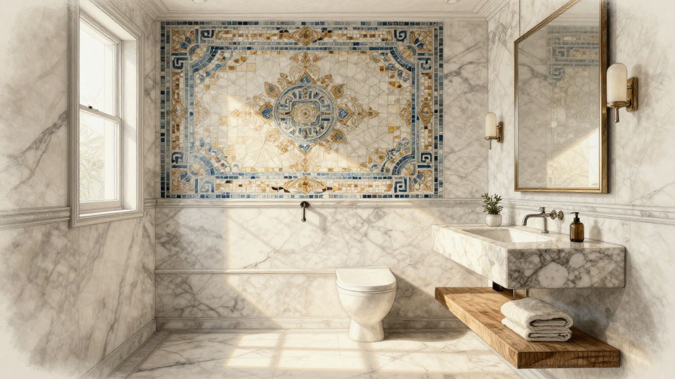 Marble, mosaic, and tile bathroom interior sketch.