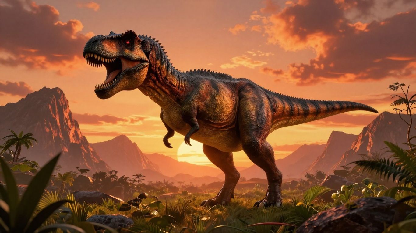 T-Rex roaring in a prehistoric game landscape.