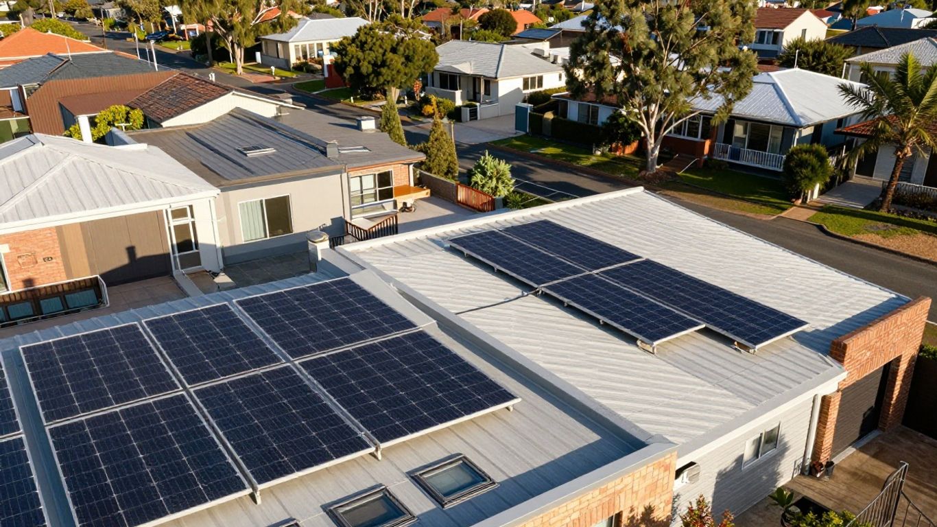 Solar panels arranged across an Australian suburban roof