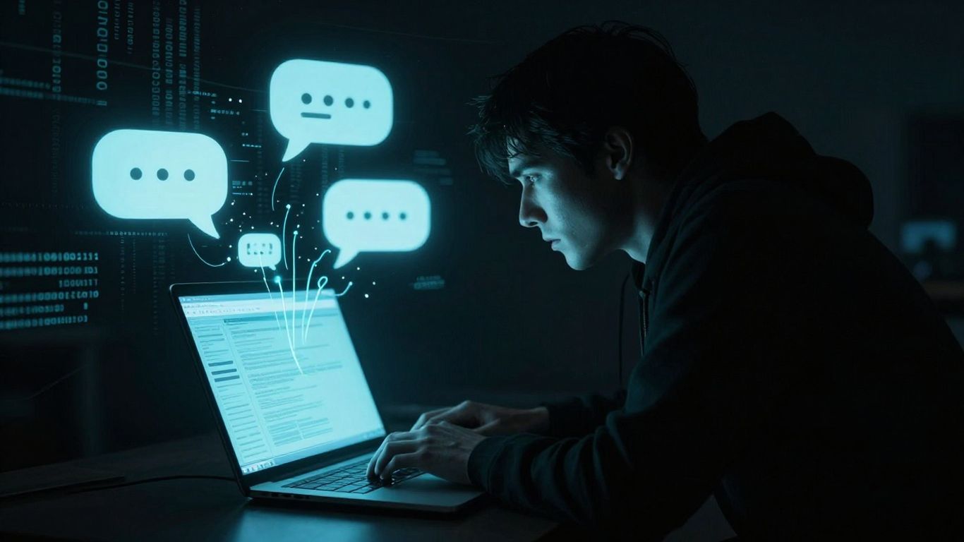 Phishing attack targeting private chat messages on a laptop.