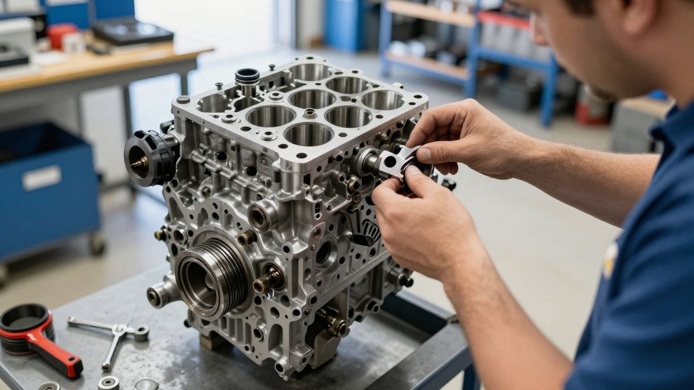 Mechanic inspecting replacement engine components