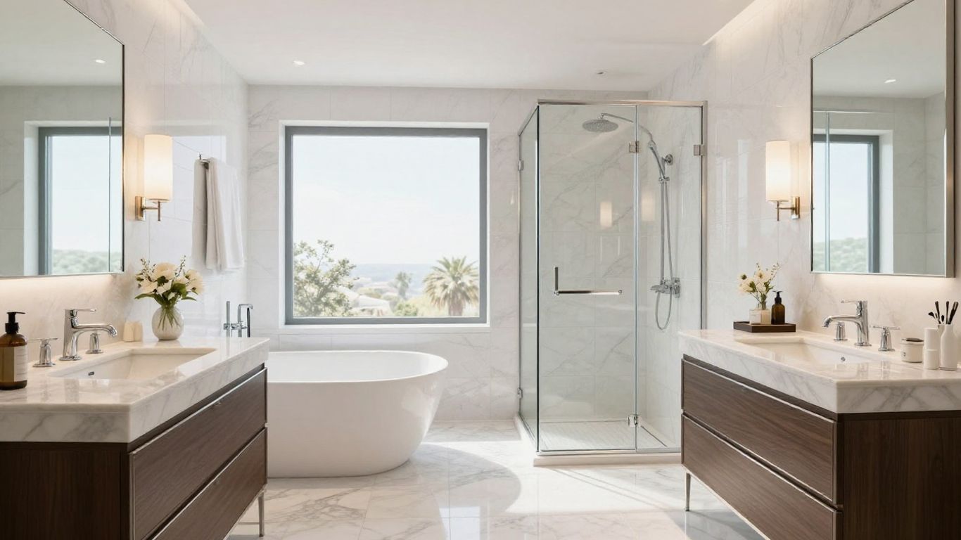Modern bathroom remodel with freestanding tub and walk-in shower.