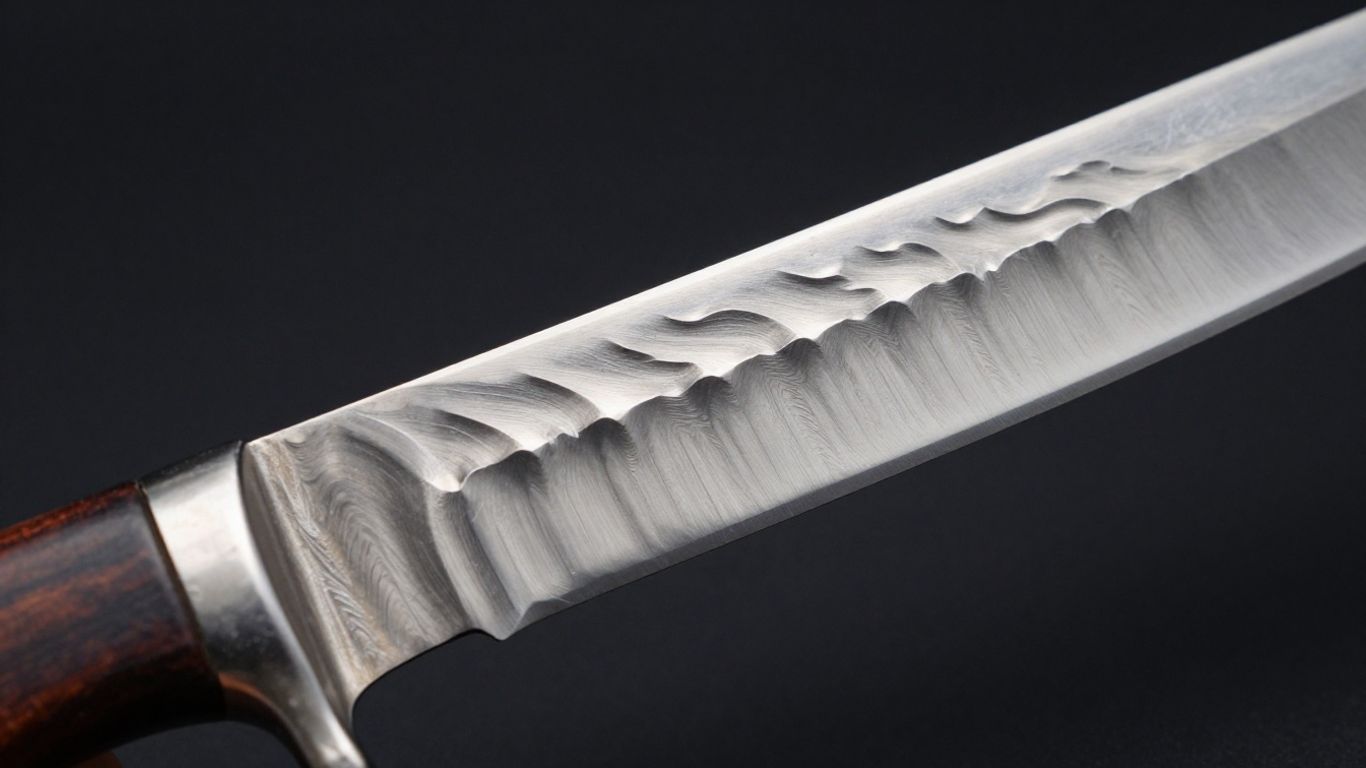 Close-up of a Damascus steel knife blade with wavy patterns.