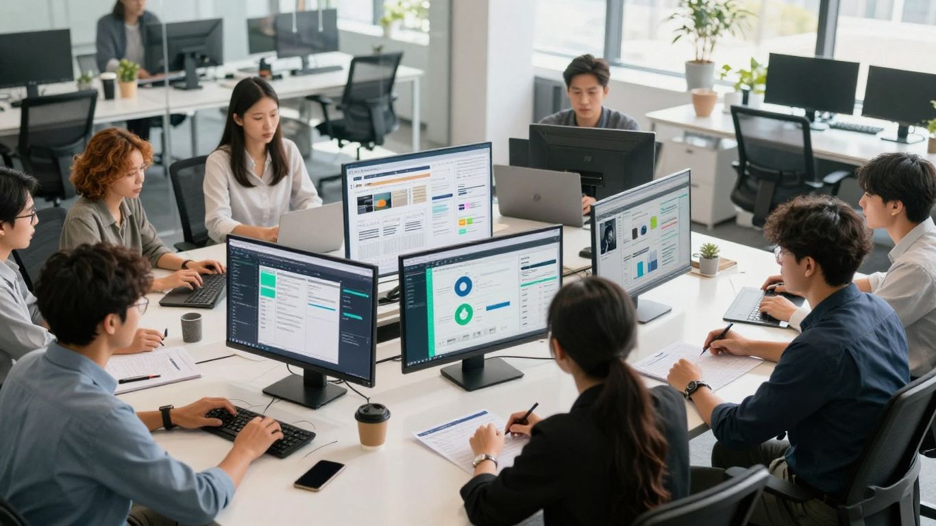 Professionals collaborating on software project management.