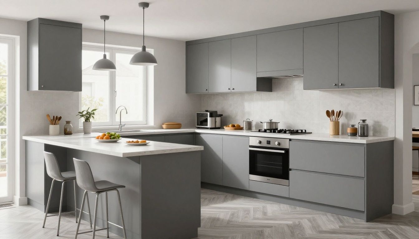 A practical and stylish kitchen with grey Polyflor herringbone LVT, demonstrating its suitability for busy family homes.