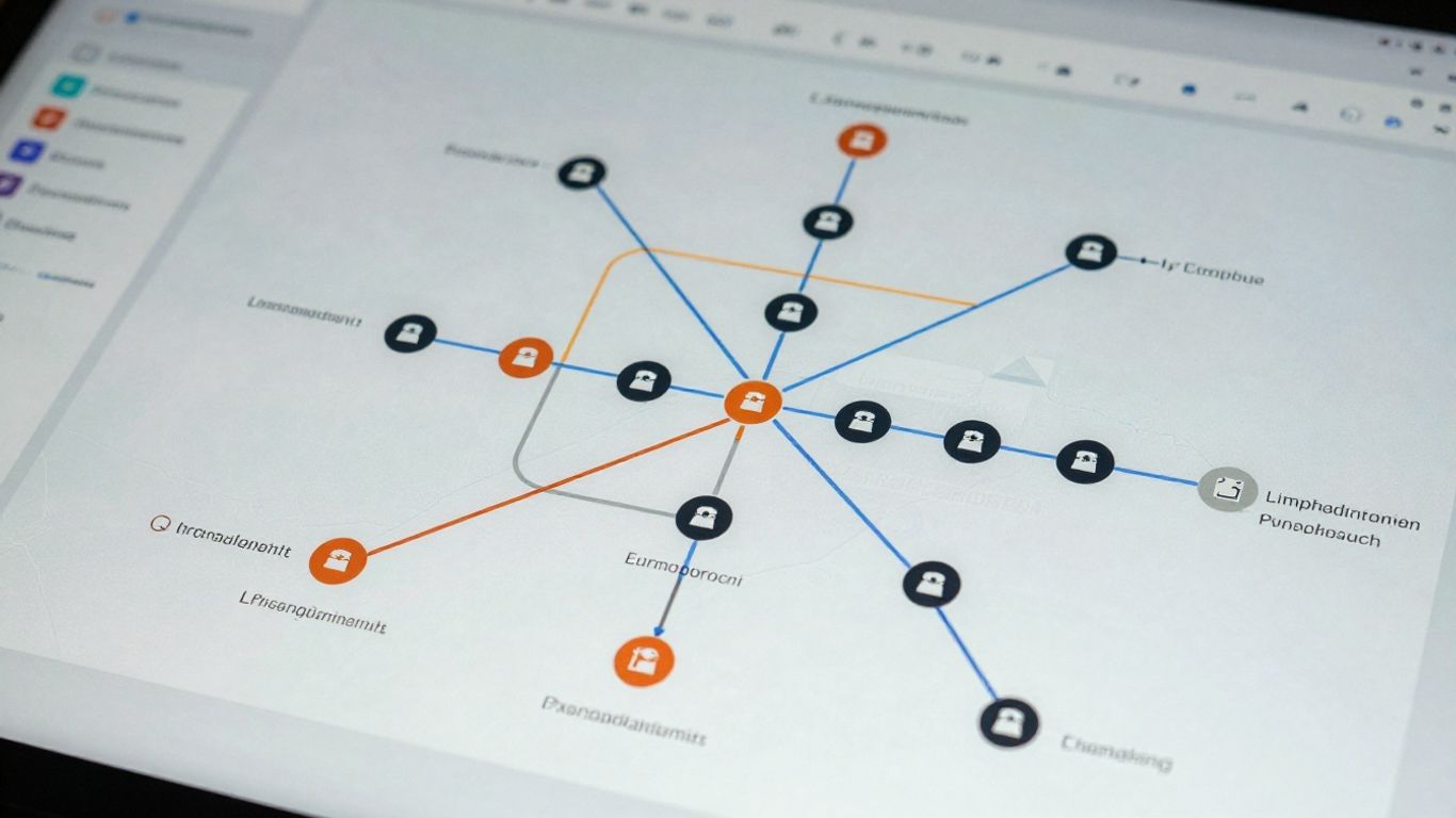 Digital PPC campaign map with interconnected nodes and pathways.