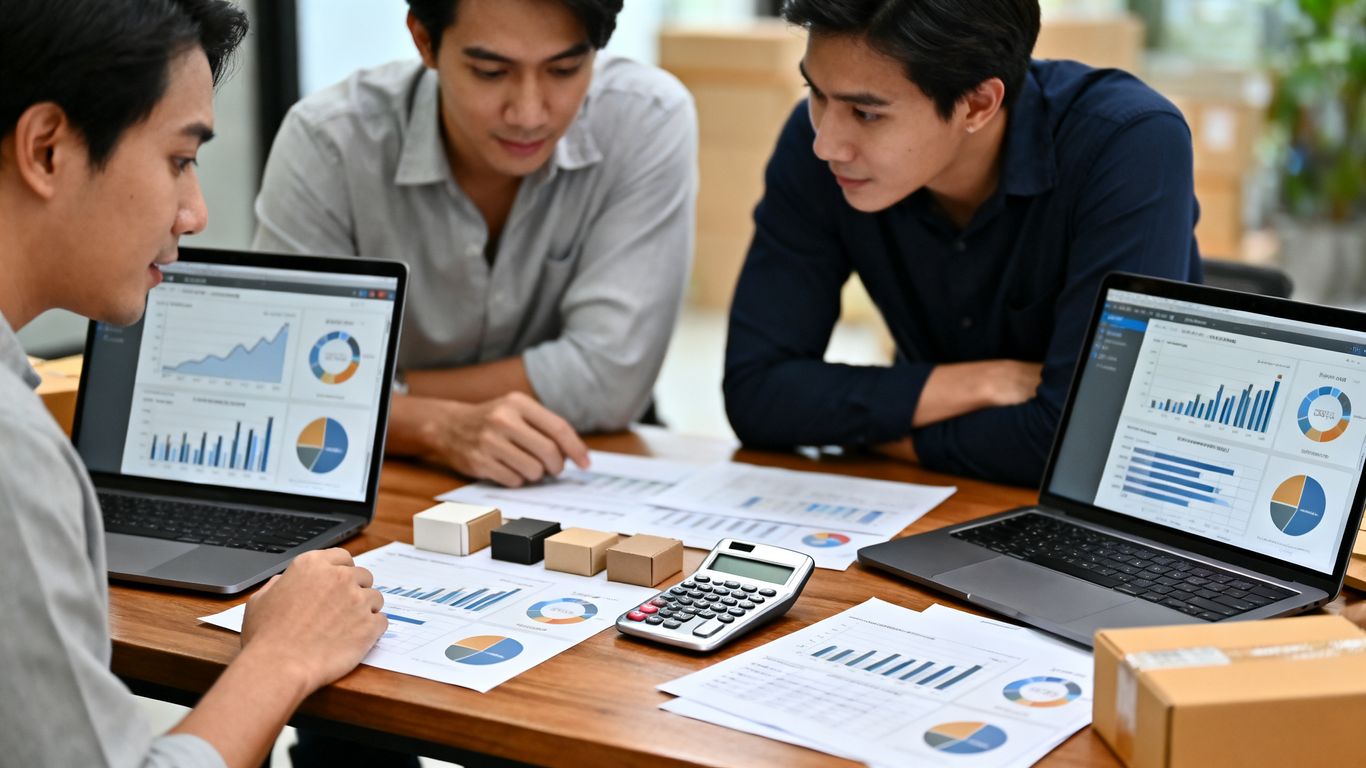Marketing team reviewing Amazon performance metrics together