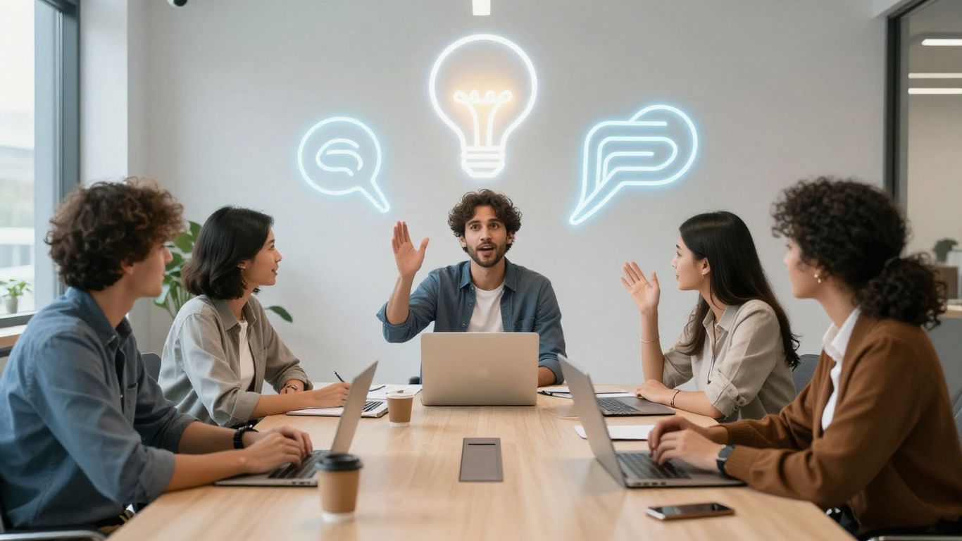 Team brainstorming innovative ideas in a modern office.