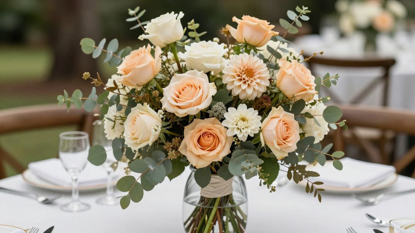 Seasonal wedding bouquet with hardy flowers and foliage