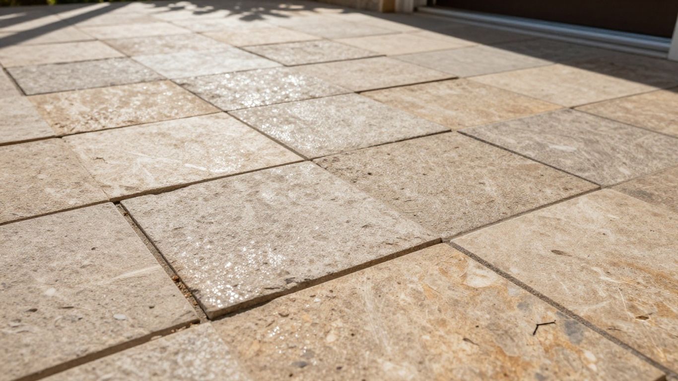 Slip resistant tiles at a patio door transition.