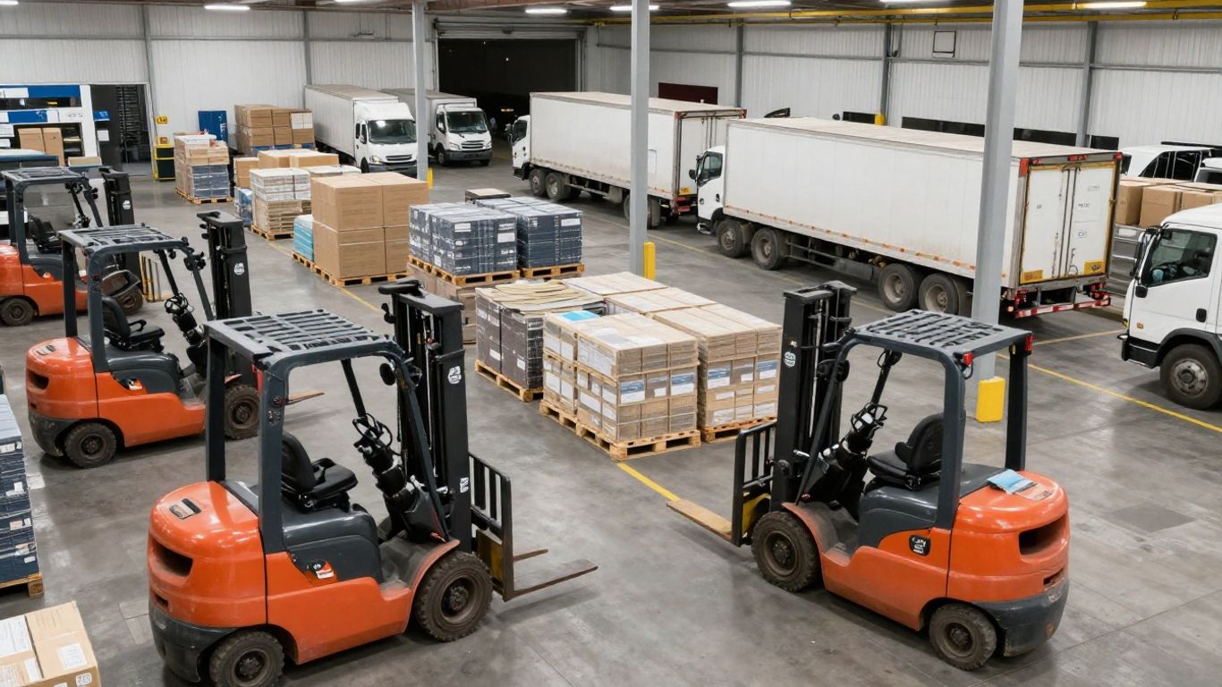 Los Angeles distribution center operations with trucks and forklifts.
