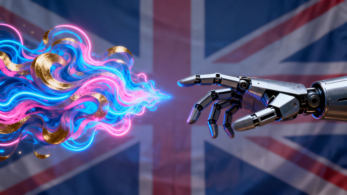 Robotic hand threatens creative art, UK flag background.