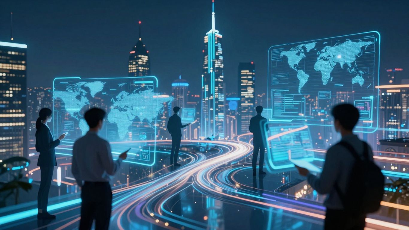 Futuristic cityscape with digital connections and holographic interfaces.