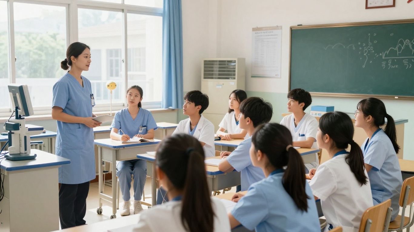 Students in scrubs learning in a bright healthcare training classroom.