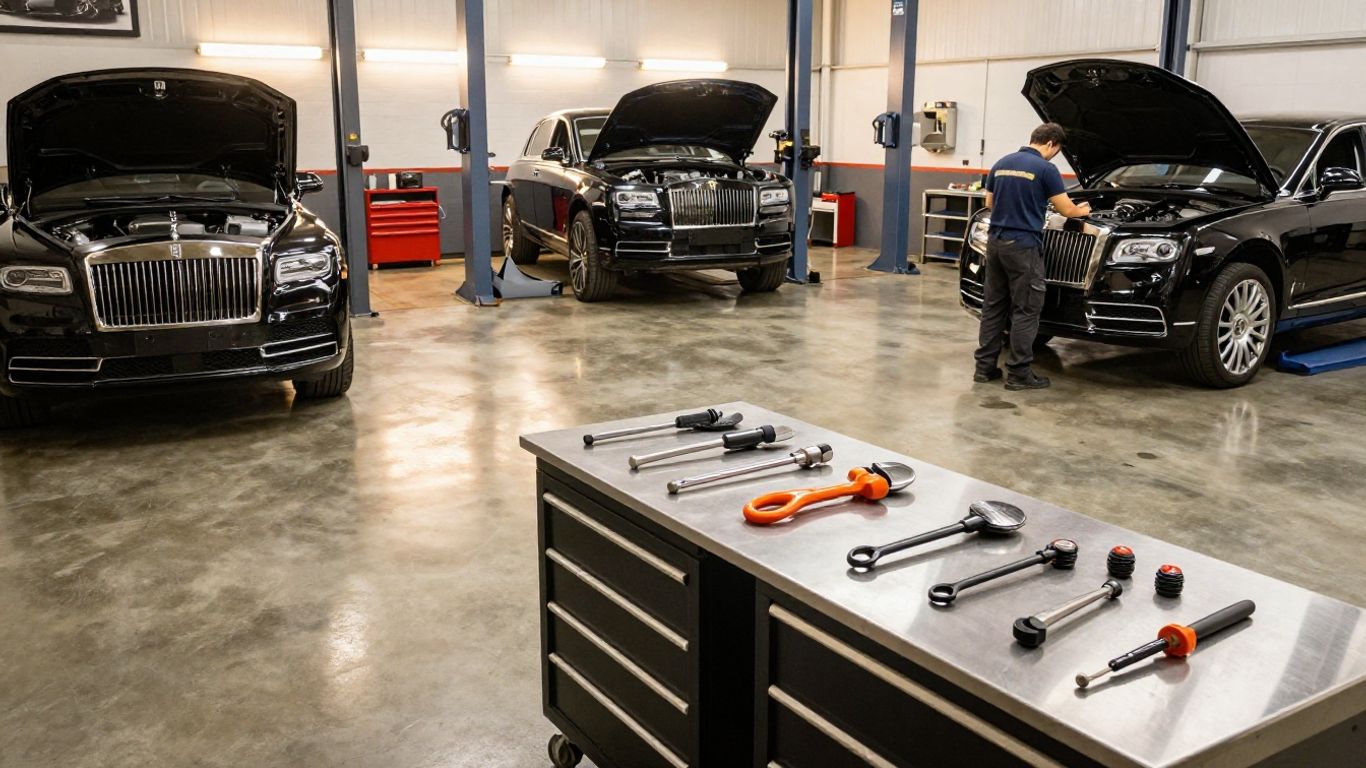A clean repair garage with focused technicians