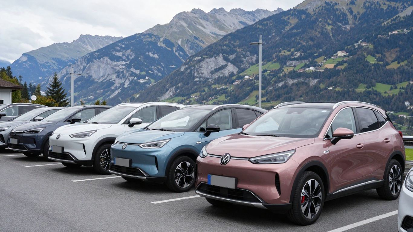 Elektroauto steht vor moderner Schweizer Berglandschaft