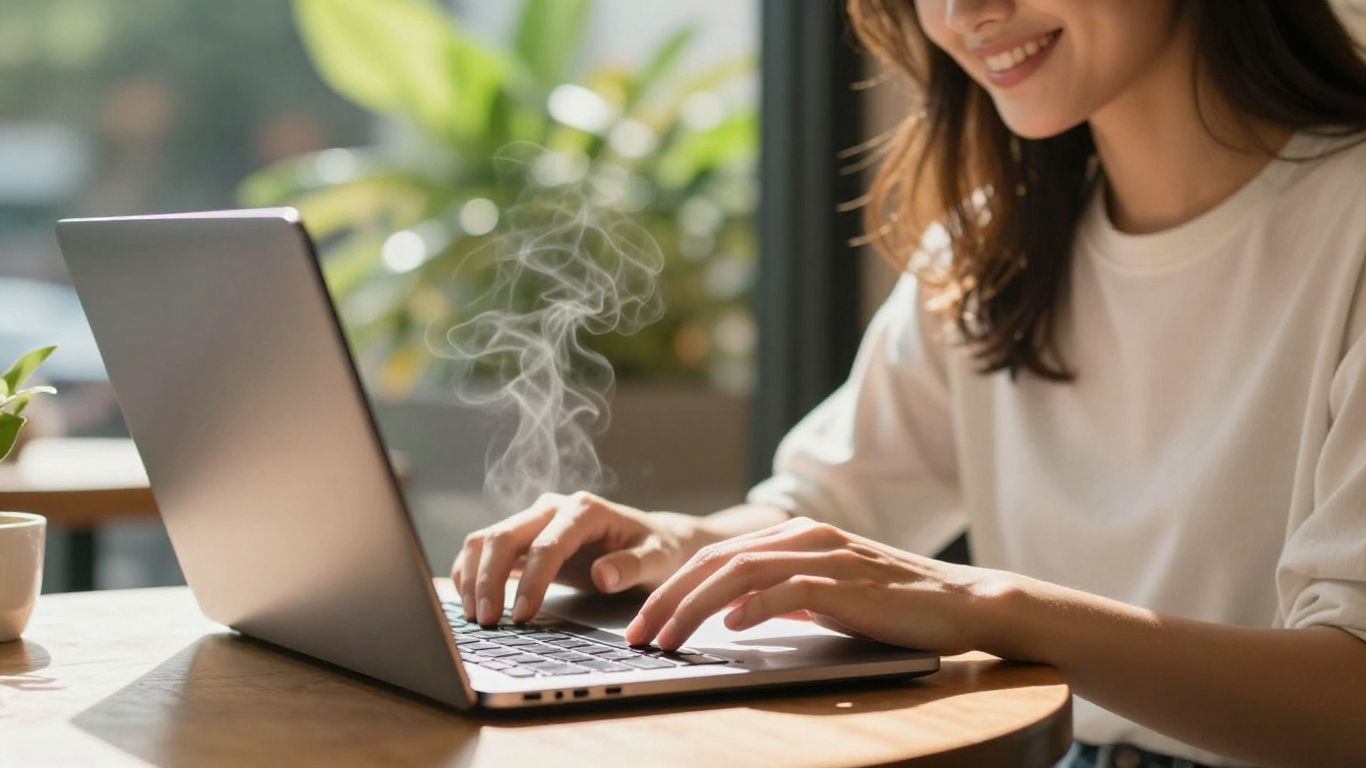 Person browsing laptop in cafe, earning affiliate income.