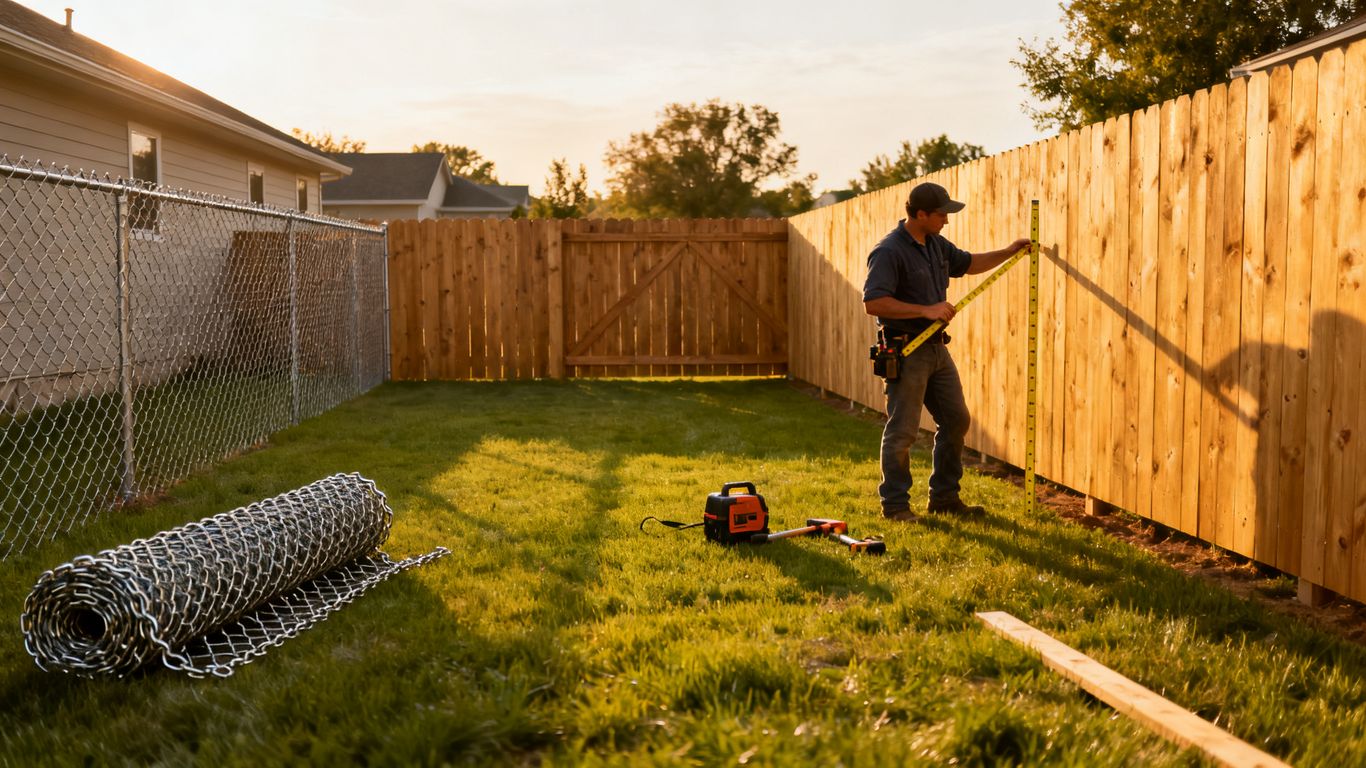 Fence contractor measuring a residential yard