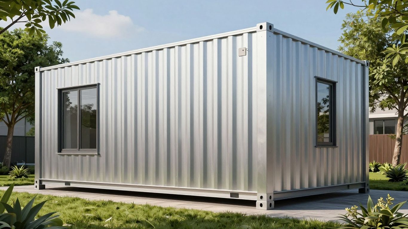 Maison conteneur moderne avec jardin verdoyant.
