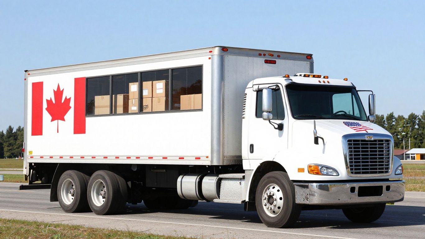 Moving truck crossing Canada-USA border with flags.