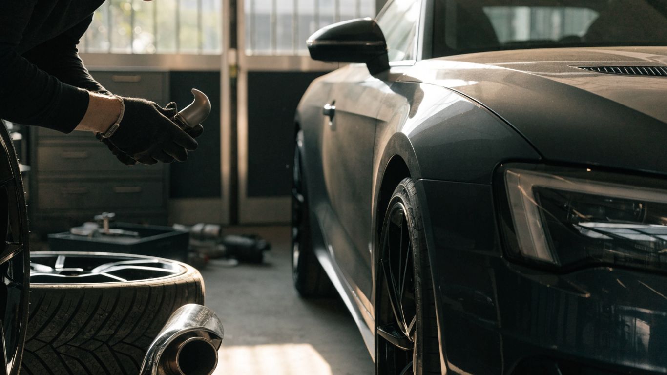 Audi parked beside a parts workshop