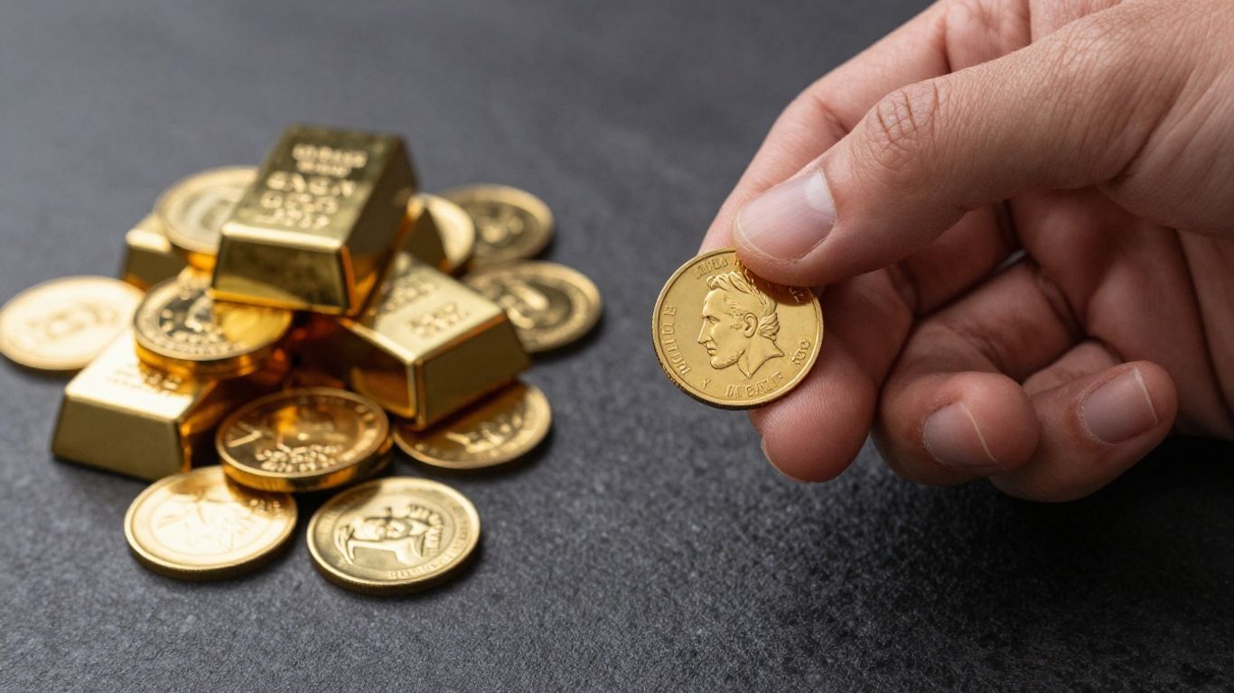 Main d'or tenant une pièce d'or avec des lingots.