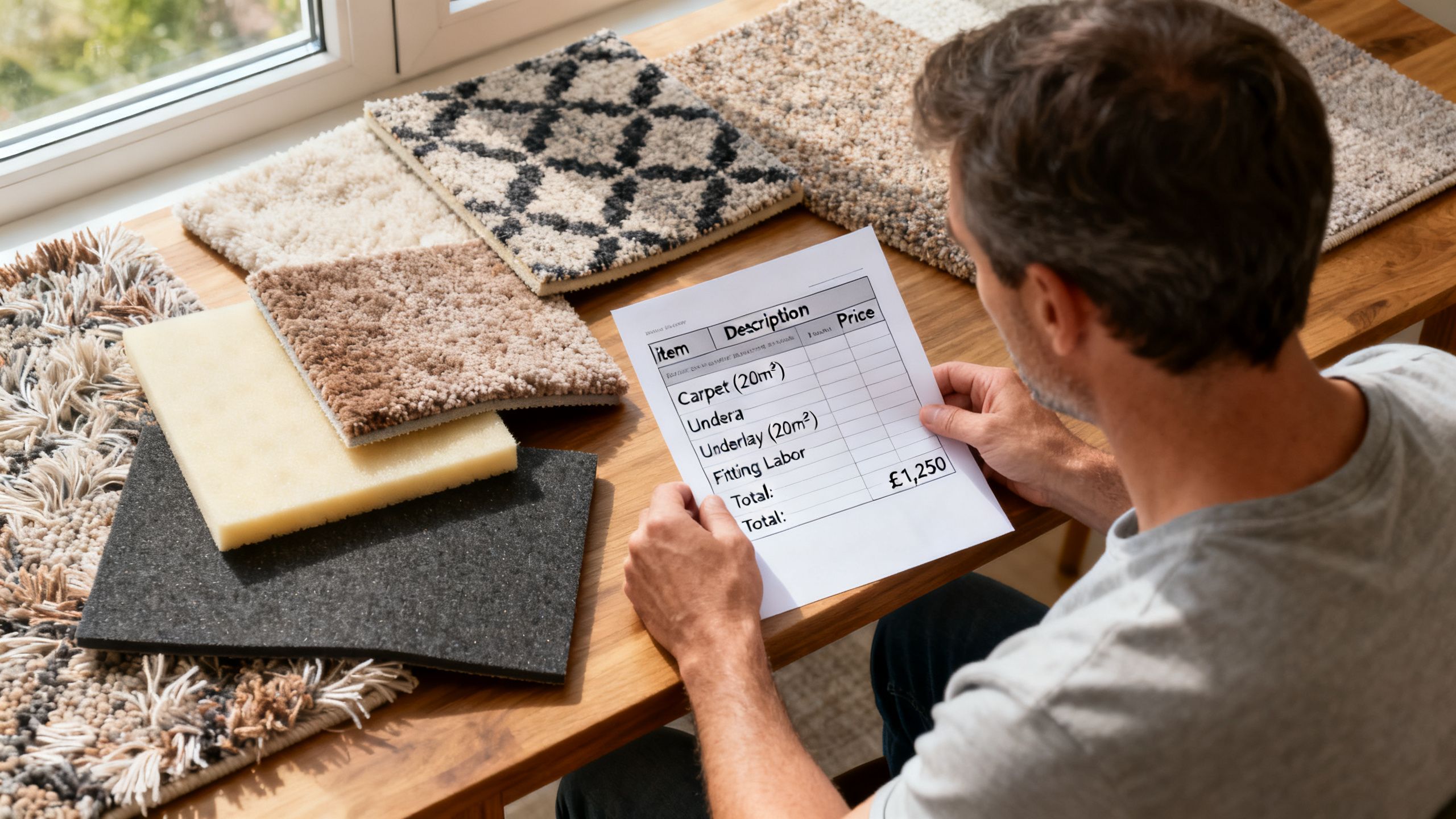 Homeowner comparing an itemised carpet fitting quote beside carpet samples and underlay options