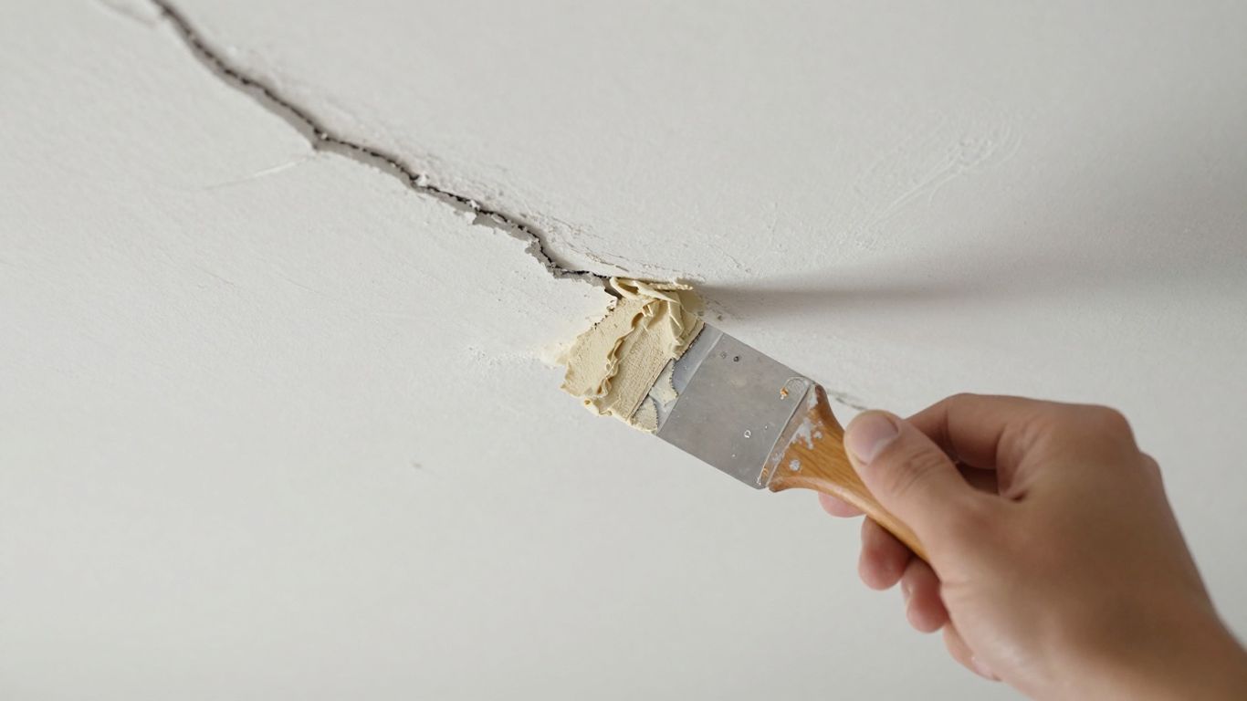 Repairing a crack in a plaster ceiling with spackle.