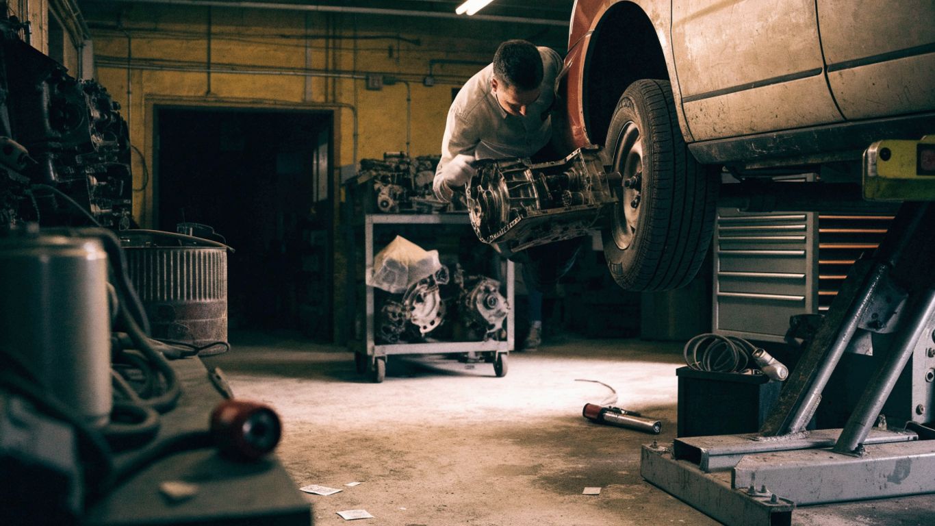 Mechanic inspecting a gearbox beside a raised car