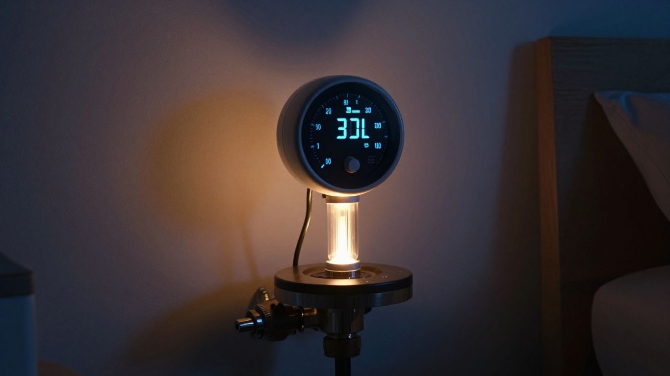 Chaudière à gaz et thermostat dans une pièce sombre.