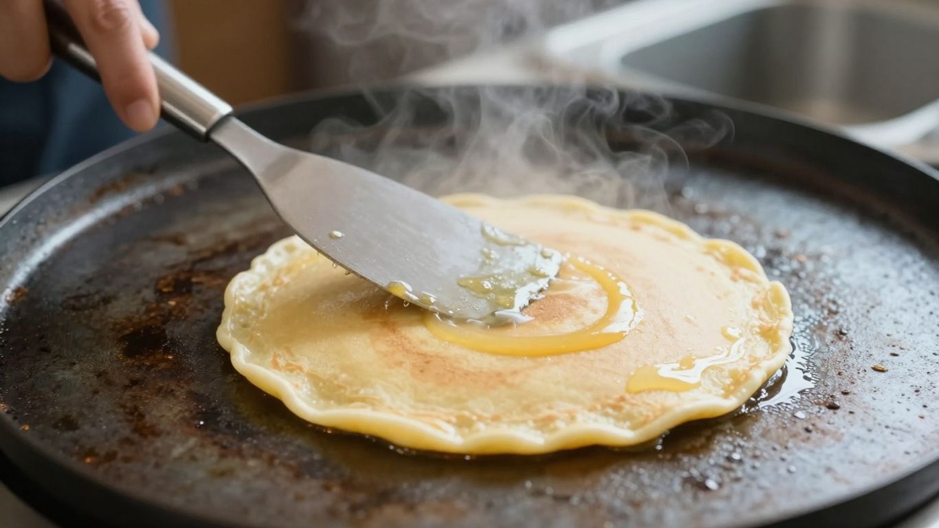 Clean griddle with spatula flipping a pancake.
