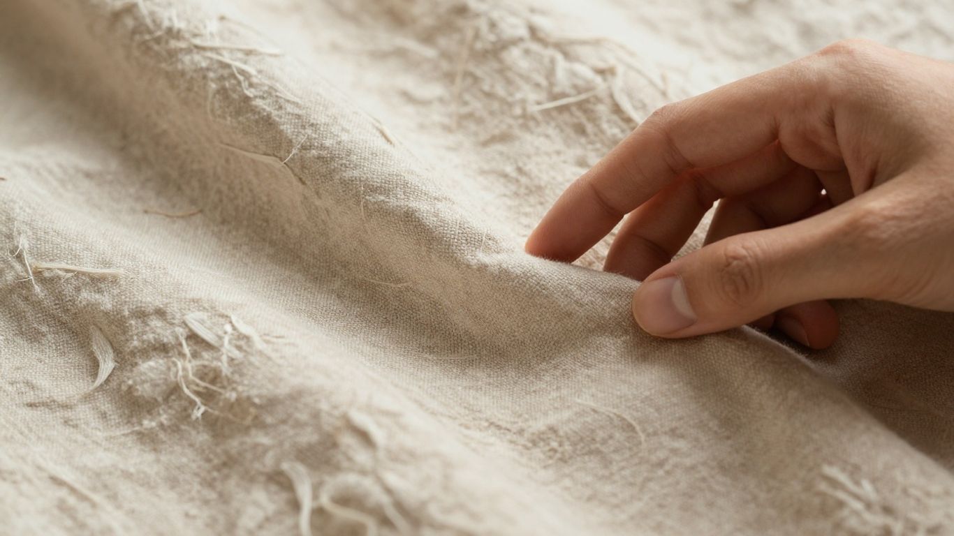 Close-up of natural fabrics with a hand touching them.