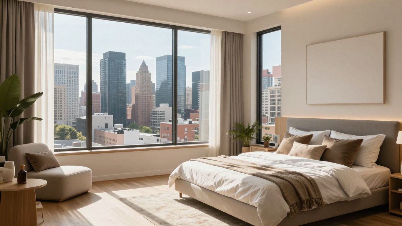 Modern Airbnb interior with city view
