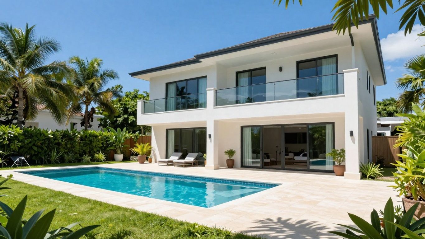 Casa de vacaciones soleada con piscina y jardín.