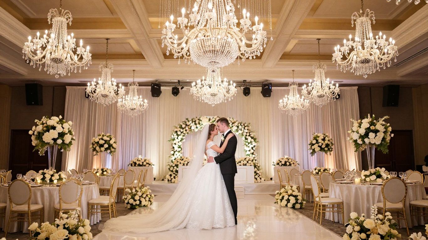 Elegant ballroom with chandeliers and floral decor for a wedding.