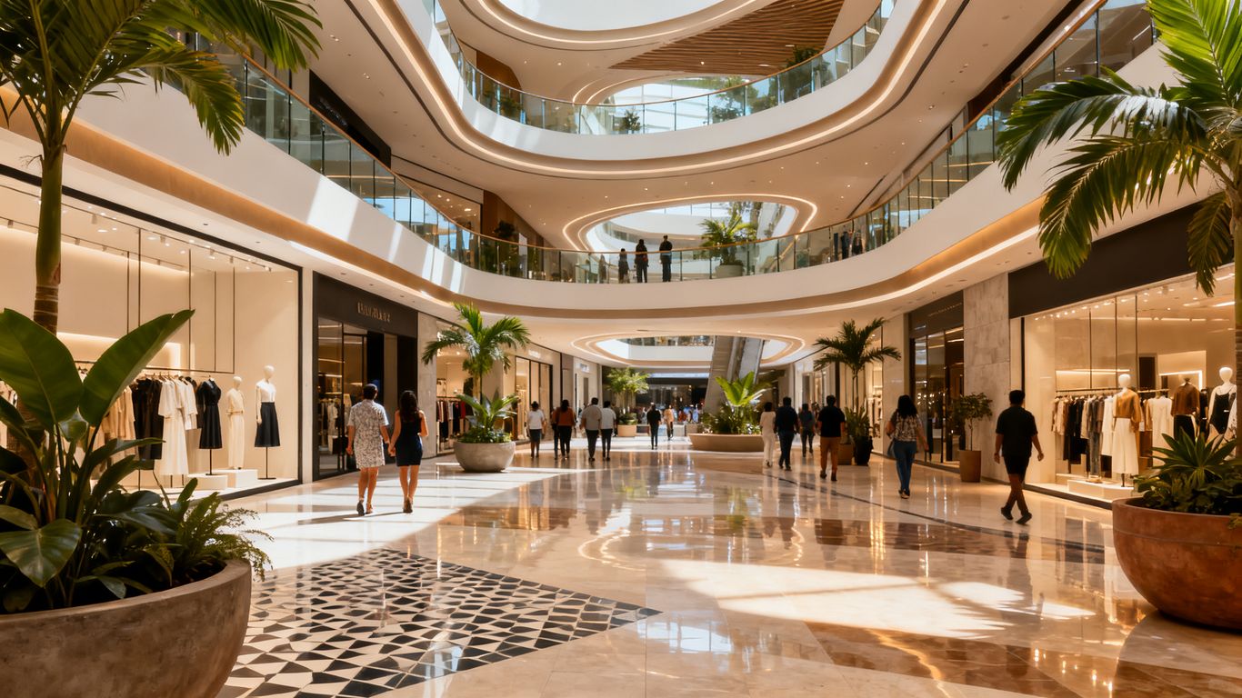 Modern Medellín mall interior with shoppers