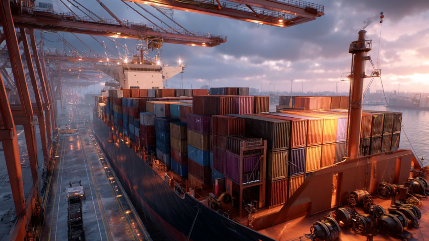 Cargo ship loaded with containers at a port with cranes at dusk.
