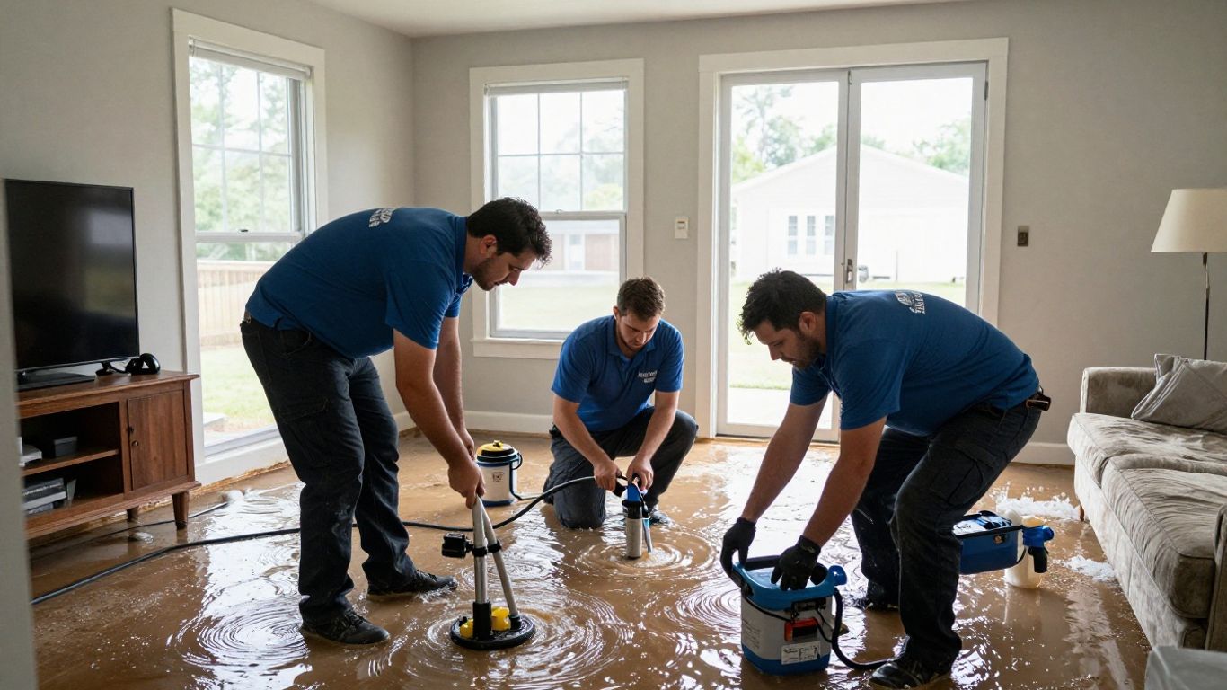 Water extraction team removing flood water from home.