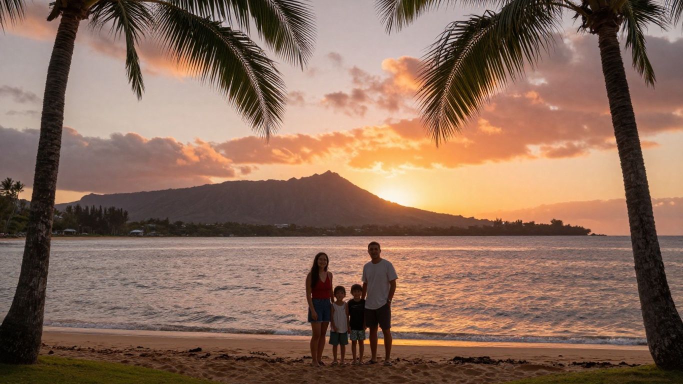 Family watching sunset over Maui coastline