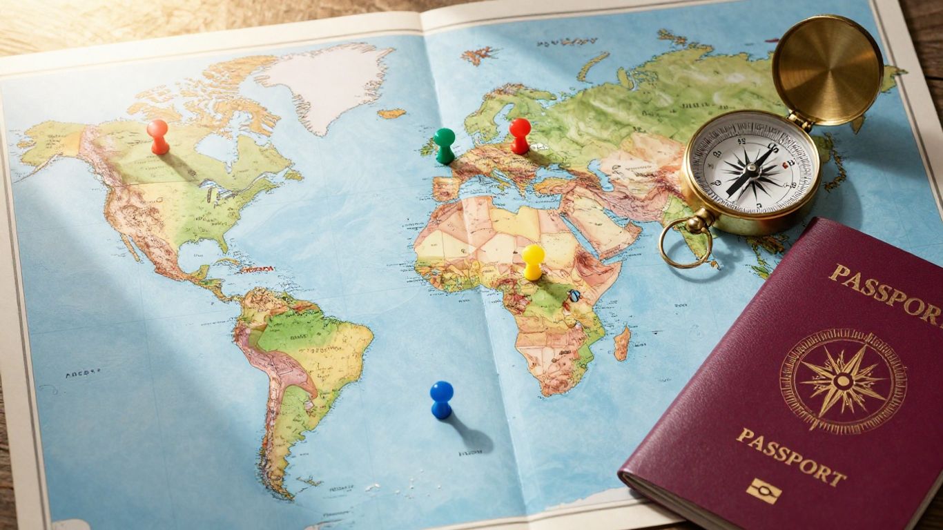 Global travel map with passport and compass for trip planning.