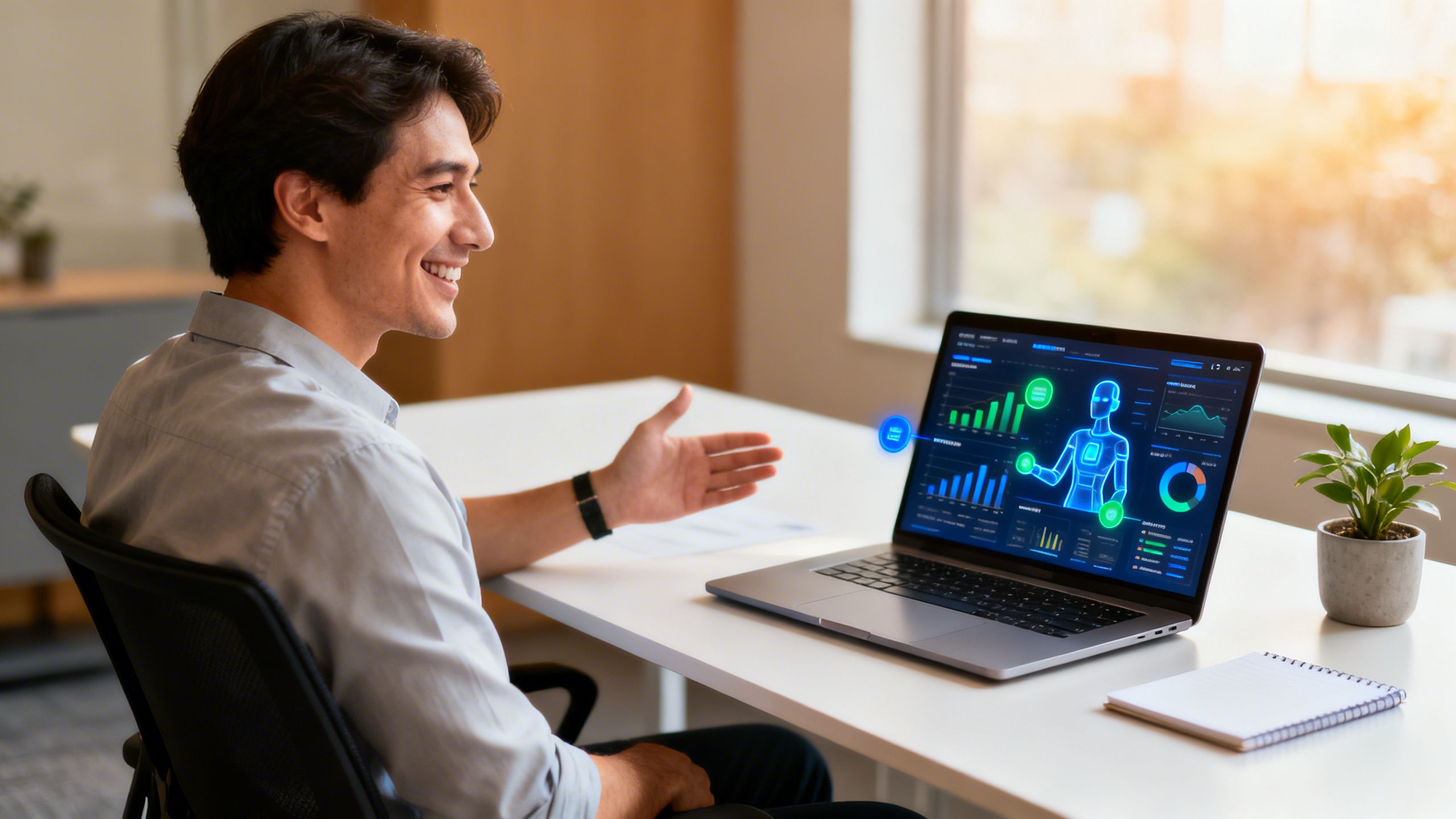A person sitting at a clean desk, smiling as they talk to an AI assistant on their laptop, with charts and business insights appearing on the screen.