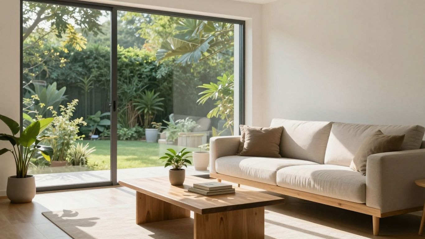 Sala de estar luminosa con sofá cómodo y ventana grande.