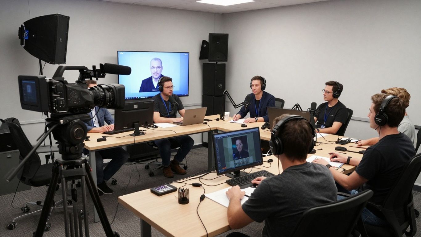 Cameras and microphones covering podcast audience