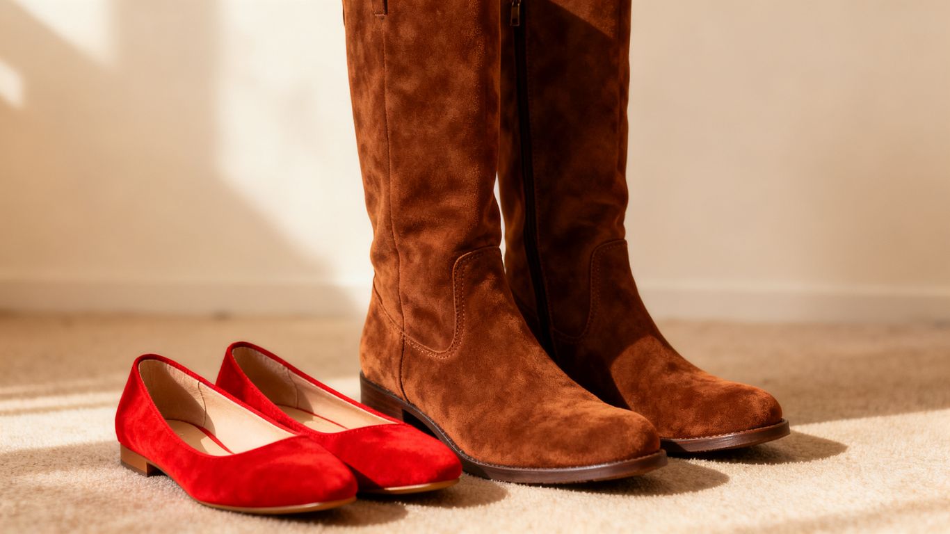 Autumn footwear: knee-high suede boots and bold red flats.