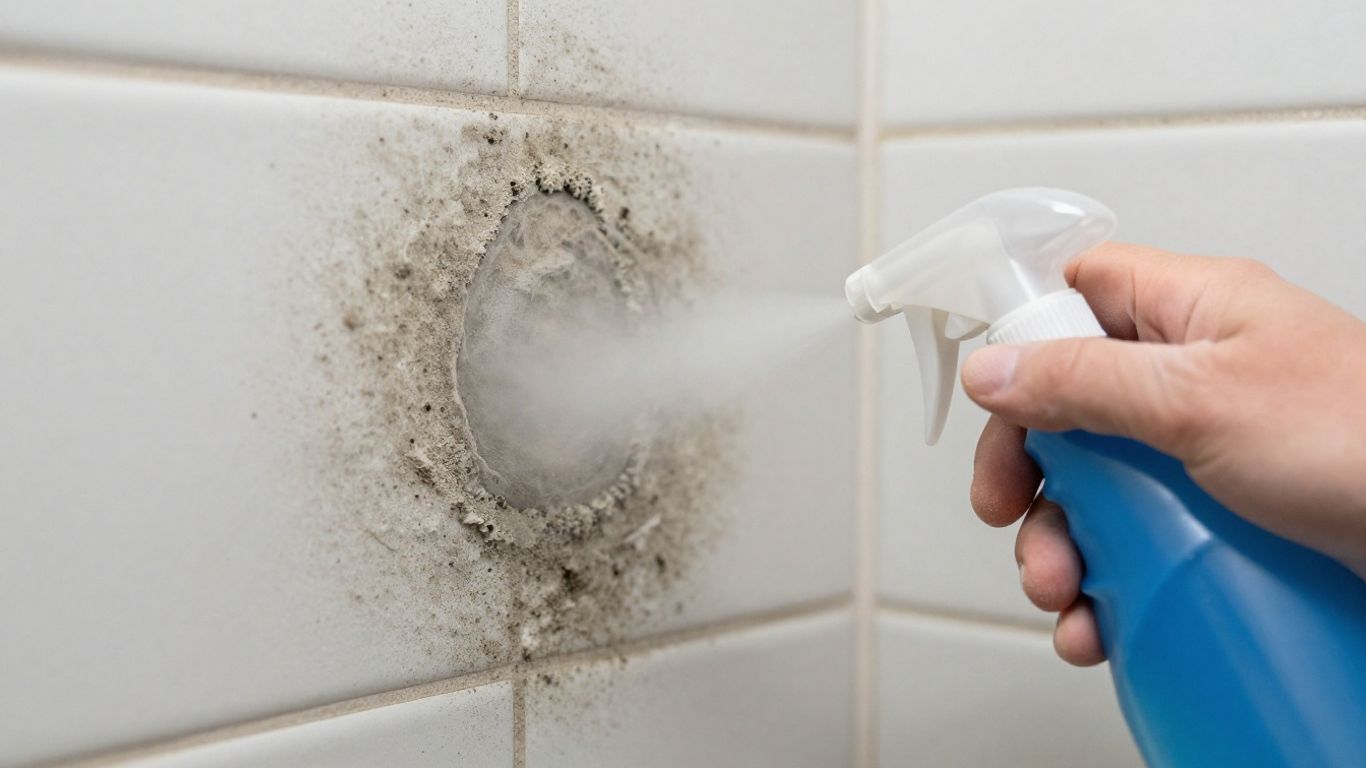 Cleaning mold from a bathroom wall with spray.