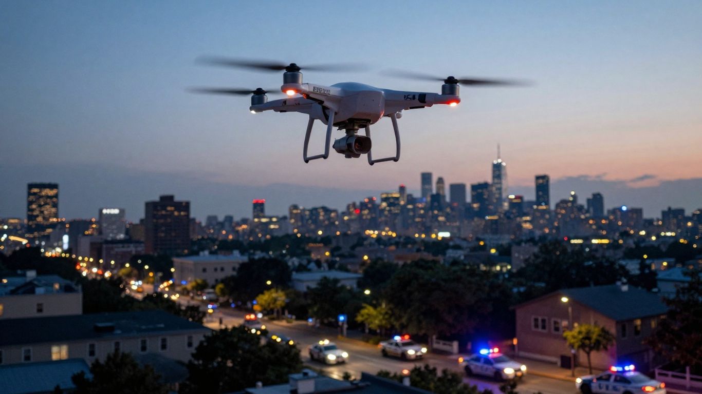 Police drone flying over city at night.